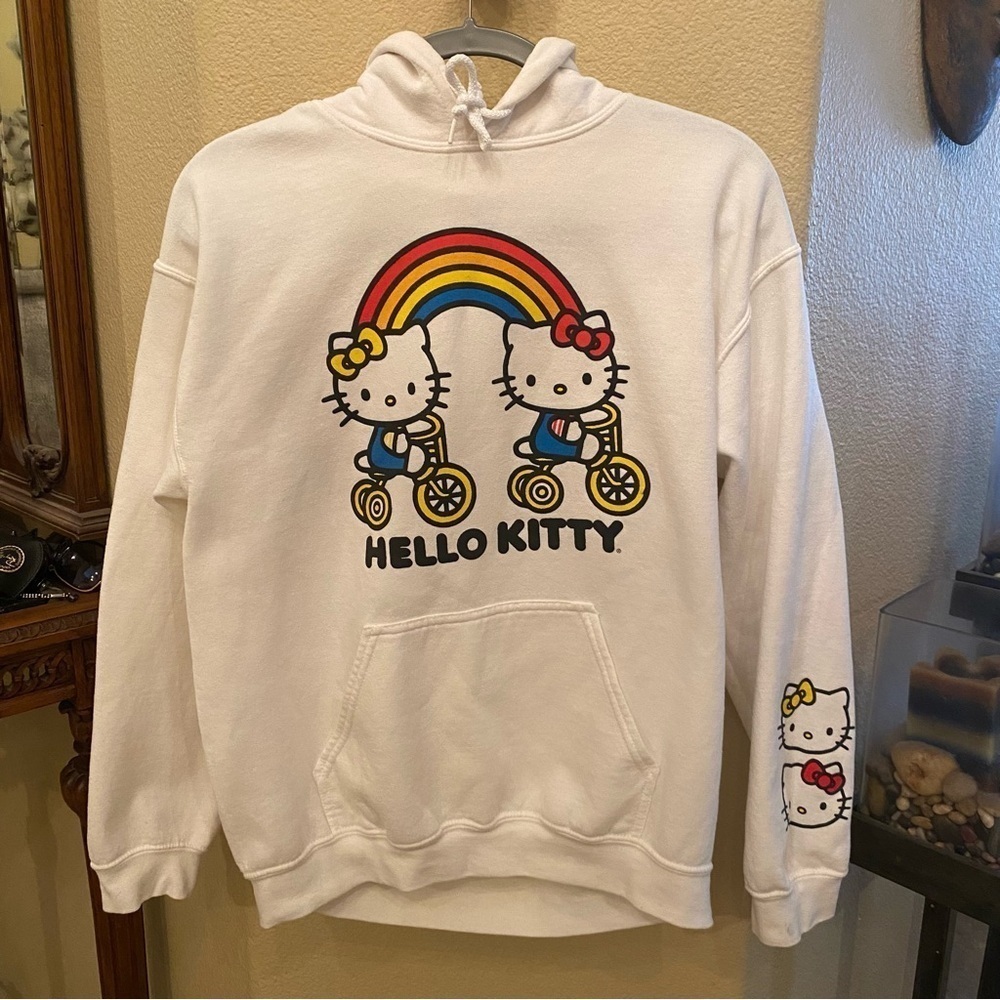 HELLO KITTY White Rainbow Bicycle Graphic Hoodie Sweatshirt-Medium-Has Stains